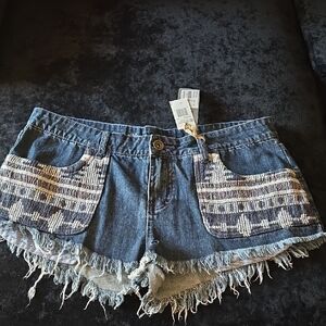 Element Women's Blue Denim Shorts with Patterned Front Pockets